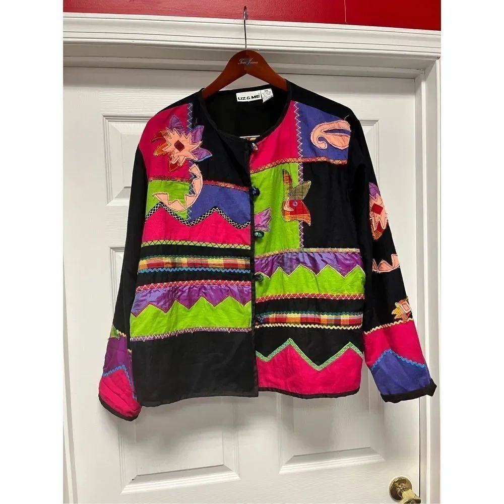 Liz & Me Art To Wear Floral Applique Flax Blend Jacket sz 3X EUC